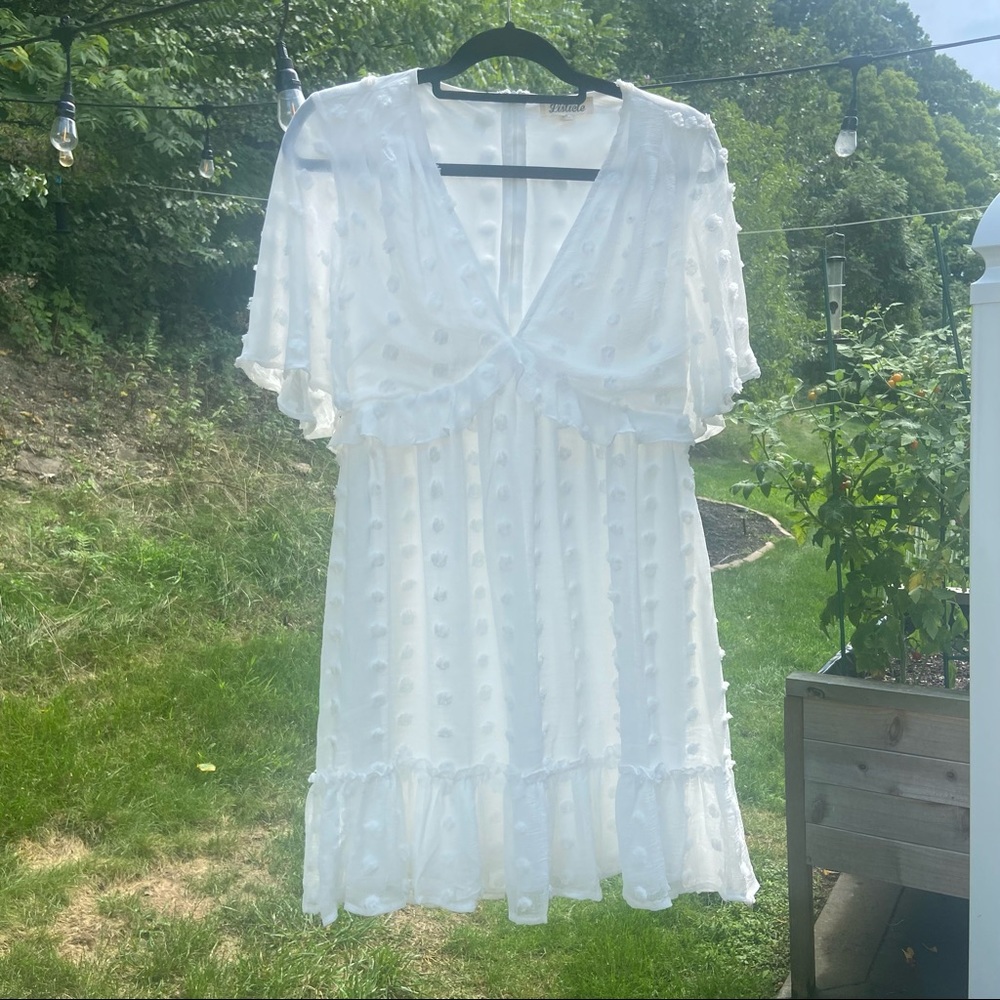 White Flowy Pom Pom Dress - Babydoll style